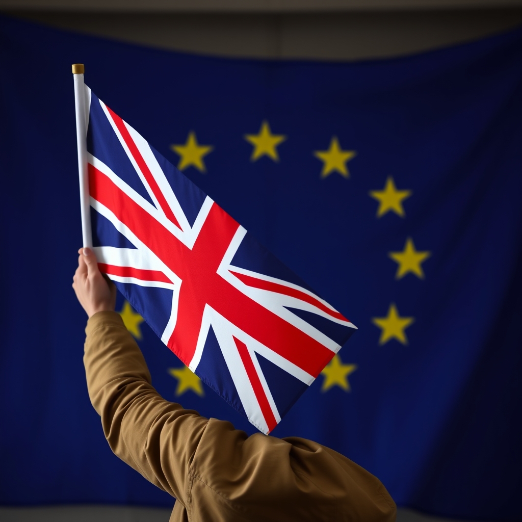Osoba trzymająca flagę brytyjską z flagą Unii Europejskiej w tle
