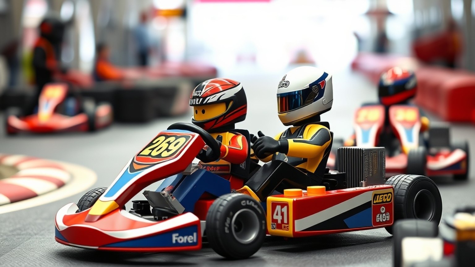 F1-coureurs jeżdżą na LEGO-kartach na torze Silverstone